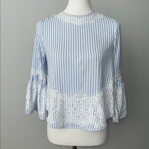 Zara Woman Blue and White Stripe Lace Blouse Top Bell Sleeve Women's XS